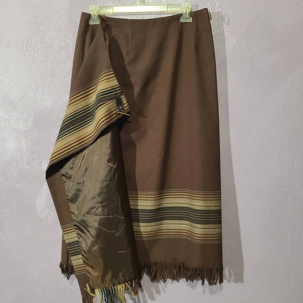Vintage Sag Harbor Brown Plaid Lined Fringe Blanket Wrap Skirt 8 Petite - Picture 4 of 7